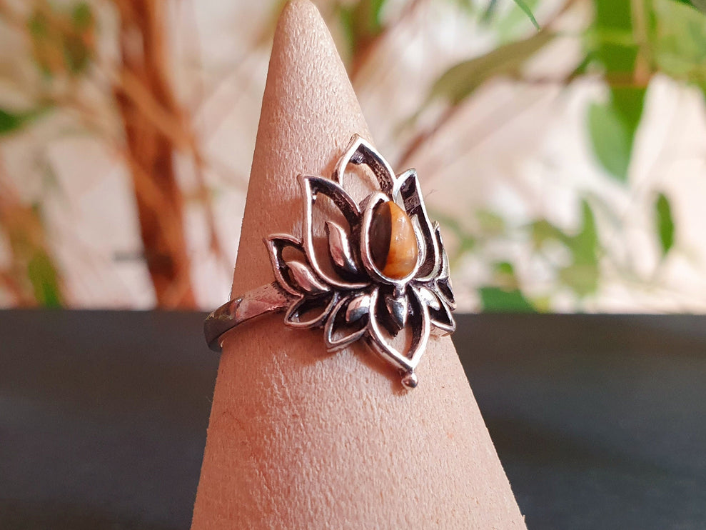 Silver Lotus Flower Ring / Tiger Eye / Boho / Ethnic / Rustic / Tribal / Gypsy / Festival / Indian / Healing / Festival