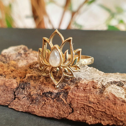 Moonstone Golden Lotus Flower Ring / Gold Flower / Boho / Ethnic / Rustic / Tribal / Gypsy / Festival / Indian / Healing / Festival