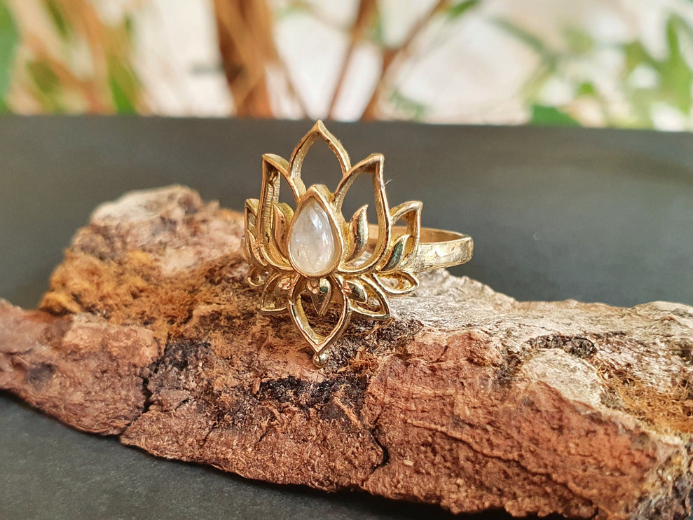 Moonstone Golden Lotus Flower Ring / Gold Flower / Boho / Ethnic / Rustic / Tribal / Gypsy / Festival / Indian / Healing / Festival