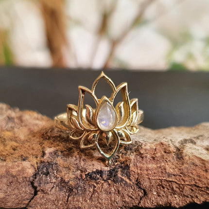 Moonstone Golden Lotus Flower Ring / Gold Flower / Boho / Ethnic / Rustic / Tribal / Gypsy / Festival / Indian / Healing / Festival