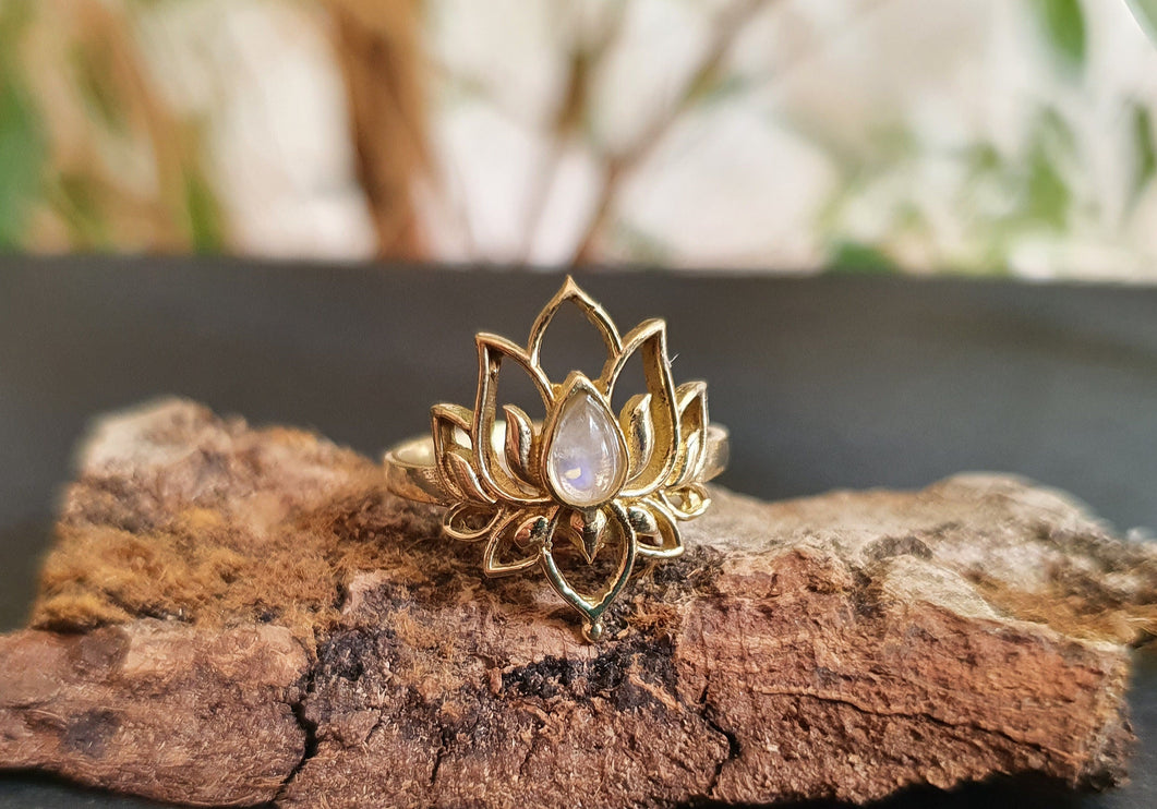 Moonstone Golden Lotus Flower Ring / Gold Flower / Boho / Ethnic / Rustic / Tribal / Gypsy / Festival / Indian / Healing / Festival