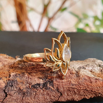 Moonstone Golden Lotus Flower Ring / Gold Flower / Boho / Ethnic / Rustic / Tribal / Gypsy / Festival / Indian / Healing / Festival