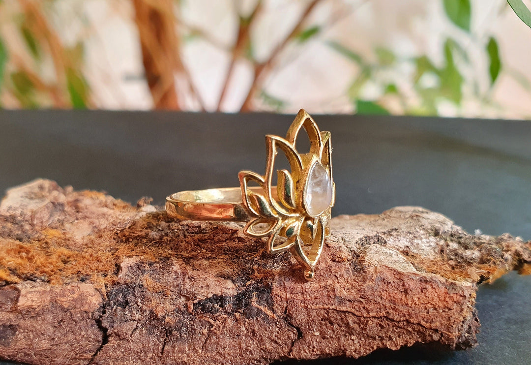 Moonstone Golden Lotus Flower Ring / Gold Flower / Boho / Ethnic / Rustic / Tribal / Gypsy / Festival / Indian / Healing / Festival