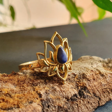 Golden Lotus Flower Ring / Lapis Lazuli / Boho / Ethnic / Rustic / Tribal / Gypsy / Festival / Indian / Healing / Festival