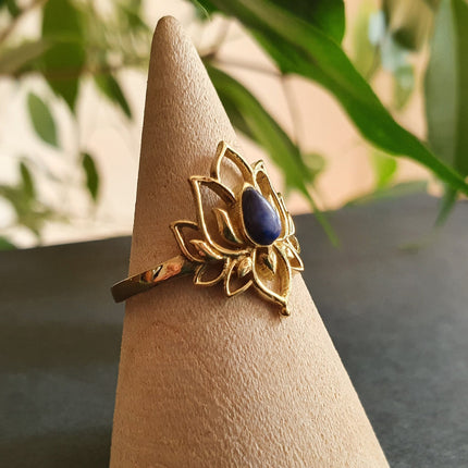 Golden Lotus Flower Ring / Lapis Lazuli / Boho / Ethnic / Rustic / Tribal / Gypsy / Festival / Indian / Healing / Festival