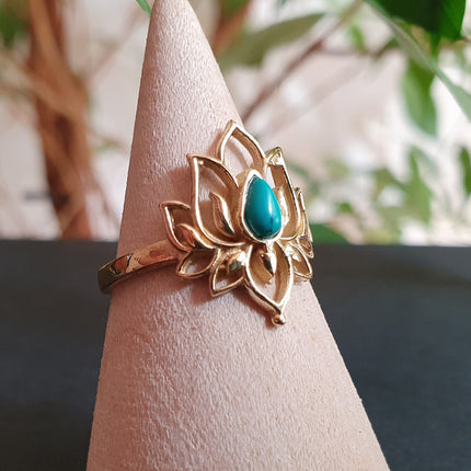 Golden Lotus Flower Ring / Turquoise / Boho / Ethnic / Rustic / Tribal / Gypsy / Festival / Indian / Healing / Festival