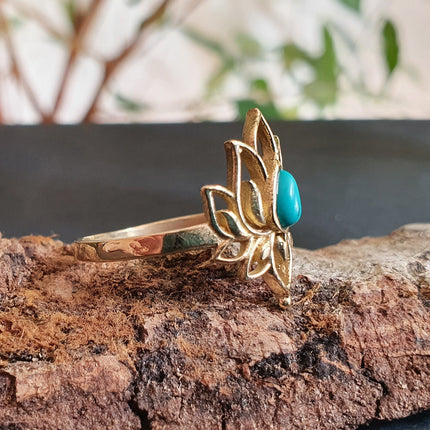 Golden Lotus Flower Ring / Turquoise / Boho / Ethnic / Rustic / Tribal / Gypsy / Festival / Indian / Healing / Festival