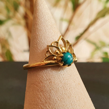 Turquoise Ring Gold Lotus Flower / Boho / Ethnic / Rustic / Tribal / Gypsy / Festival / Indian / Healing / Festival