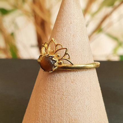 Tiger Eye ring Gold Lotus Flower / Boho / Ethnic / Rustic / Tribal / Gypsy / Festival / Indian / Healing / Festival