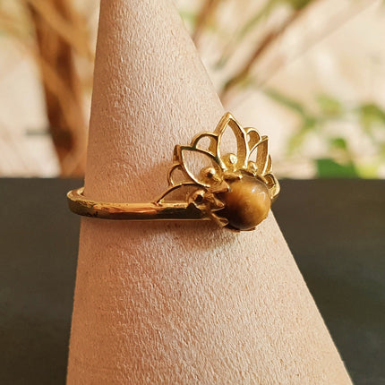 Tiger Eye ring Gold Lotus Flower / Boho / Ethnic / Rustic / Tribal / Gypsy / Festival / Indian / Healing / Festival