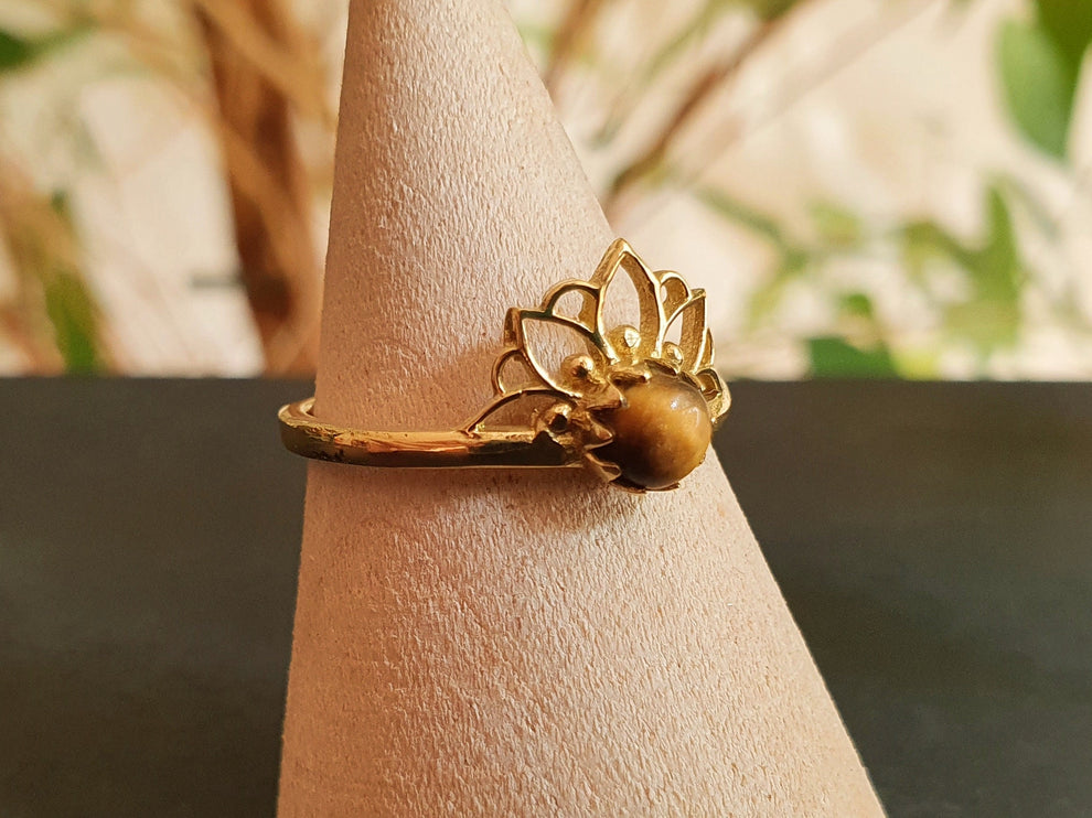 Tiger Eye ring Gold Lotus Flower / Boho / Ethnic / Rustic / Tribal / Gypsy / Festival / Indian / Healing / Festival