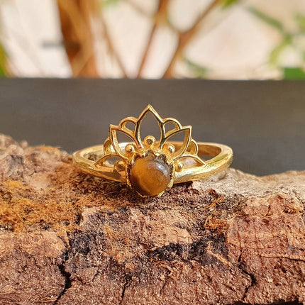 Tiger Eye ring Gold Lotus Flower / Boho / Ethnic / Rustic / Tribal / Gypsy / Festival / Indian / Healing / Festival