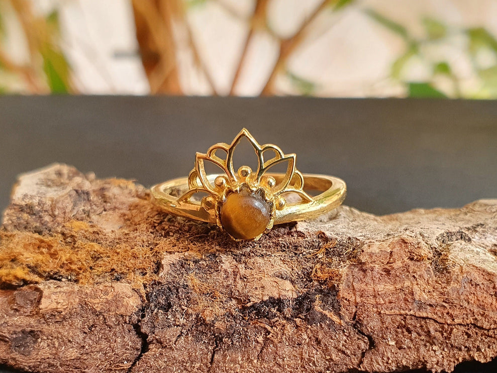 Tiger Eye ring Gold Lotus Flower / Boho / Ethnic / Rustic / Tribal / Gypsy / Festival / Indian / Healing / Festival