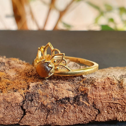 Tiger Eye ring Gold Lotus Flower / Boho / Ethnic / Rustic / Tribal / Gypsy / Festival / Indian / Healing / Festival