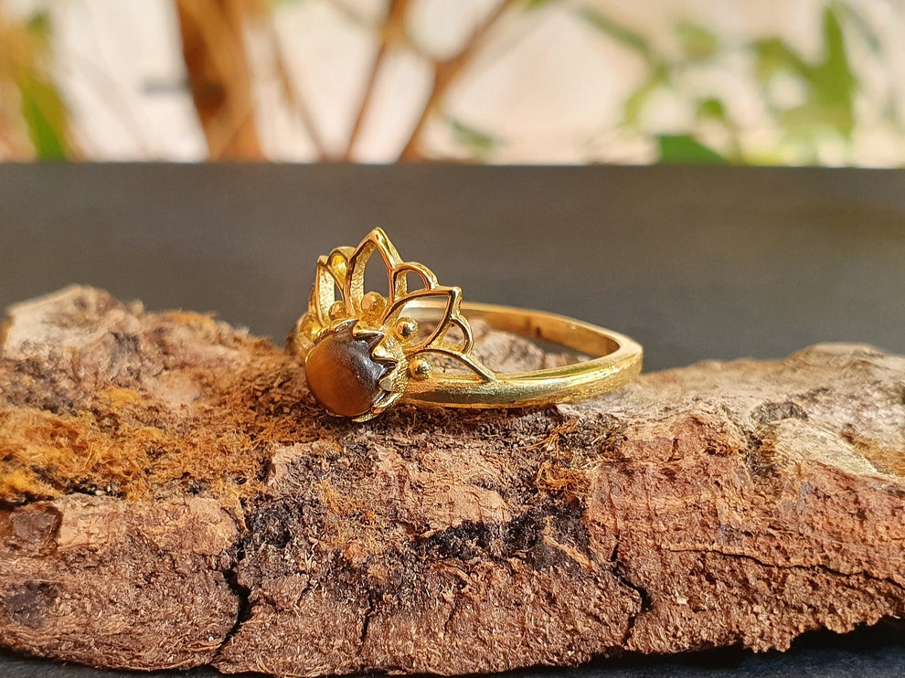 Tiger Eye ring Gold Lotus Flower / Boho / Ethnic / Rustic / Tribal / Gypsy / Festival / Indian / Healing / Festival