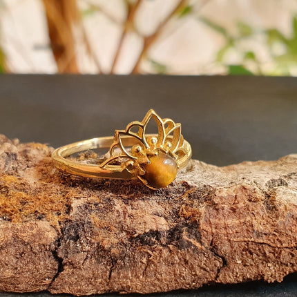 Tiger Eye ring Gold Lotus Flower / Boho / Ethnic / Rustic / Tribal / Gypsy / Festival / Indian / Healing / Festival