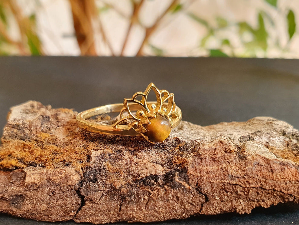 Tiger Eye ring Gold Lotus Flower / Boho / Ethnic / Rustic / Tribal / Gypsy / Festival / Indian / Healing / Festival