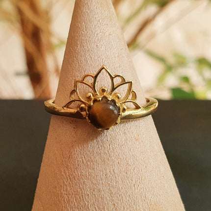 Tiger Eye ring Gold Lotus Flower / Boho / Ethnic / Rustic / Tribal / Gypsy / Festival / Indian / Healing / Festival