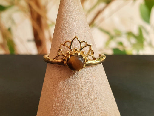 Tiger Eye ring Gold Lotus Flower / Boho / Ethnic / Rustic / Tribal / Gypsy / Festival / Indian / Healing / Festival