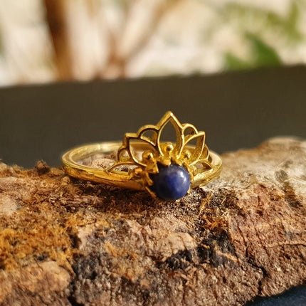 Lapis Lazuli RIng / Golden Lotus Flower / Boho / Ethnic / Rustic / Tribal / Gypsy / Festival / Indian / Healing / Festival