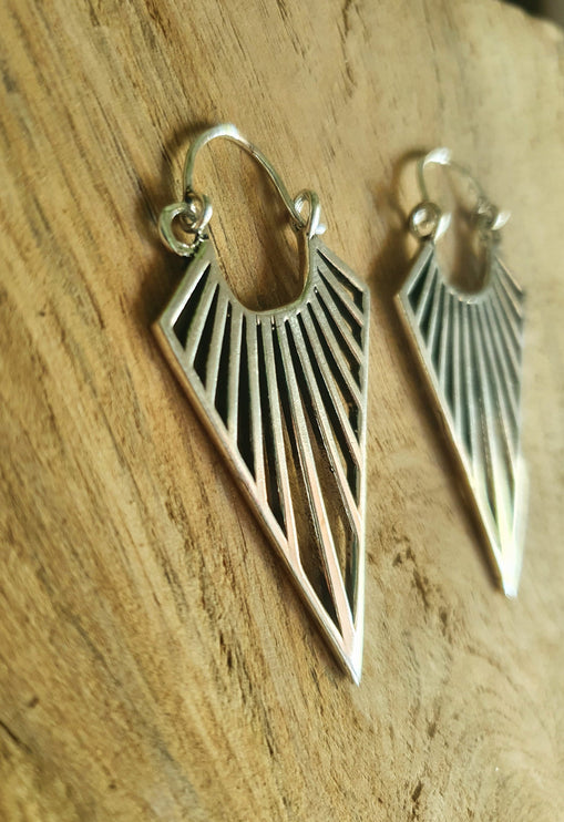 Silver Triangle Drop Lightening Boho Brass Earrings; Ethnic Boho Chic Gypsy Spiral Hippie Tribal style