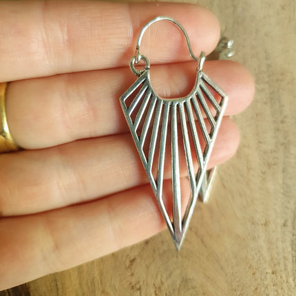 Silver Triangle Drop Lightening Boho Brass Earrings; Ethnic Boho Chic Gypsy Spiral Hippie Tribal style