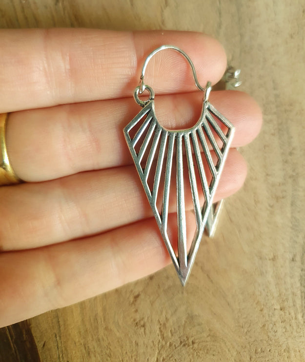 Silver Triangle Drop Lightening Boho Brass Earrings; Ethnic Boho Chic Gypsy Spiral Hippie Tribal style