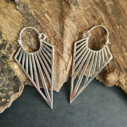 Silver Triangle Drop Lightening Boho Brass Earrings; Ethnic Boho Chic Gypsy Spiral Hippie Tribal style