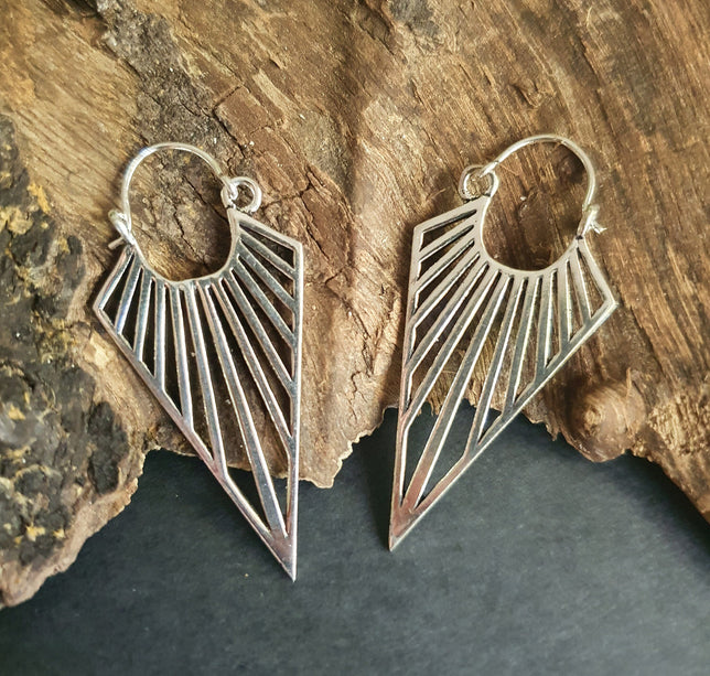 Silver Triangle Drop Lightening Boho Brass Earrings; Ethnic Boho Chic Gypsy Spiral Hippie Tribal style