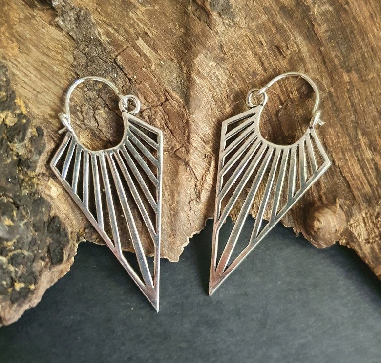 Silver Triangle Drop Lightening Boho Brass Earrings; Ethnic Boho Chic Gypsy Spiral Hippie Tribal style