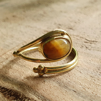 Tiger Eye Ring Brass Golden / Adjustable / Ethnic / Boho / Bohemian / Psy / Rustic / Tribal / Gypsy / Festival / Healing / Festival