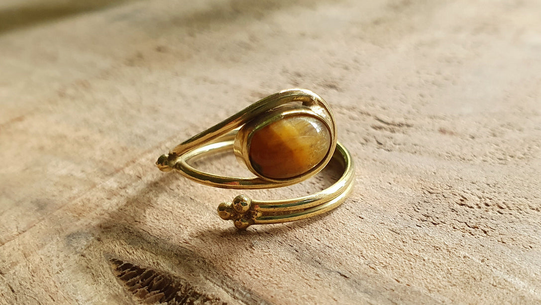 Tiger Eye Ring Brass Golden / Adjustable / Ethnic / Boho / Bohemian / Psy / Rustic / Tribal / Gypsy / Festival / Healing / Festival