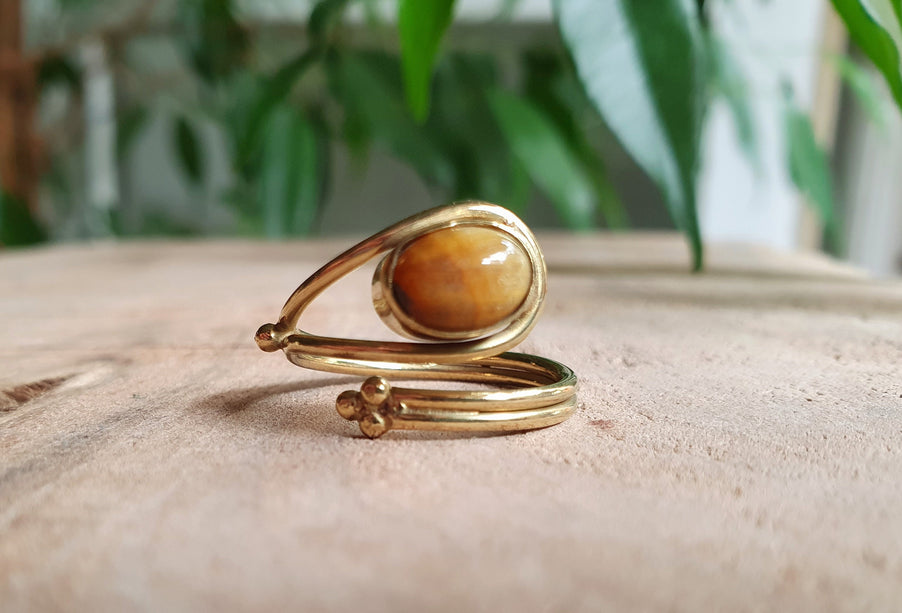 Tiger Eye Ring Brass Golden / Adjustable / Ethnic / Boho / Bohemian / Psy / Rustic / Tribal / Gypsy / Festival / Healing / Festival