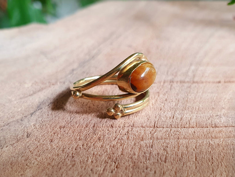 Tiger Eye Ring Brass Golden / Adjustable / Ethnic / Boho / Bohemian / Psy / Rustic / Tribal / Gypsy / Festival / Healing / Festival