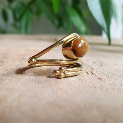 Tiger Eye Ring Brass Golden / Adjustable / Ethnic / Boho / Bohemian / Psy / Rustic / Tribal / Gypsy / Festival / Healing / Festival