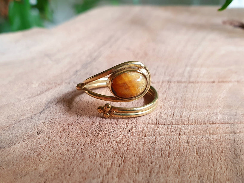 Tiger Eye Ring Brass Golden / Adjustable / Ethnic / Boho / Bohemian / Psy / Rustic / Tribal / Gypsy / Festival / Healing / Festival