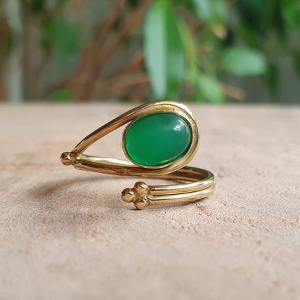 Golden Ethnic style Green Onyx Ring / Brass / Adjustable / Boho / Bohemian / Rustic / Tribal / Gypsy / Festival / Healing / Festival 