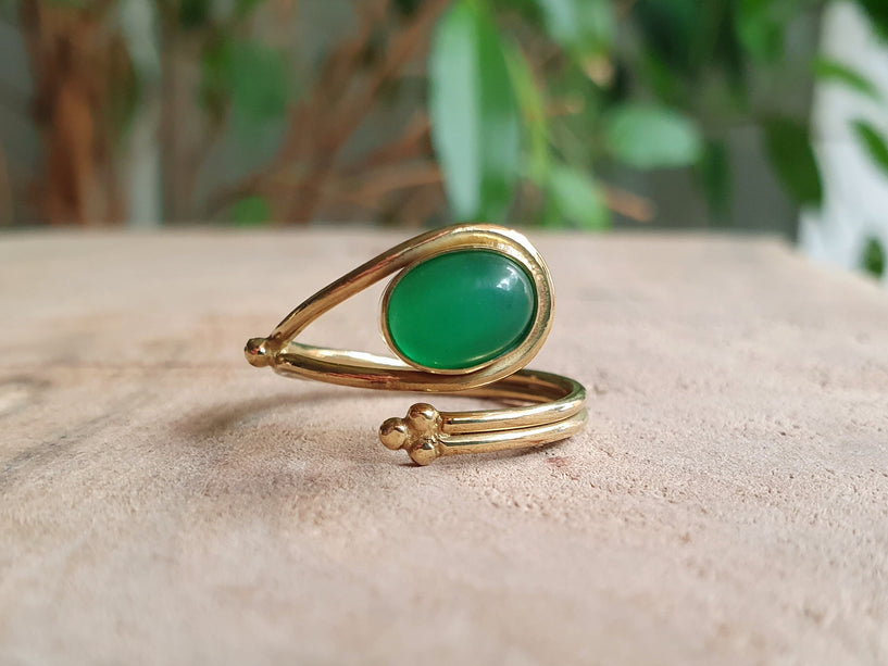 Golden Ethnic style Green Onyx Ring / Brass / Adjustable / Boho / Bohemian / Rustic / Tribal / Gypsy / Festival / Healing / Festival 