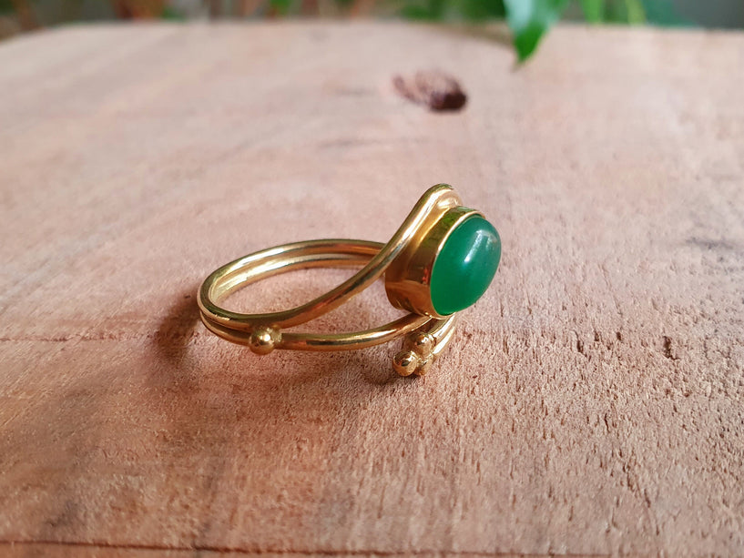 Golden Ethnic style Green Onyx Ring / Brass / Adjustable / Boho / Bohemian / Rustic / Tribal / Gypsy / Festival / Healing / Festival 