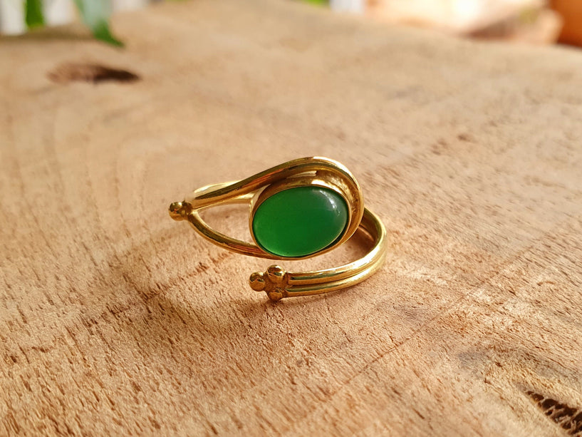 Golden Ethnic style Green Onyx Ring / Brass / Adjustable / Boho / Bohemian / Rustic / Tribal / Gypsy / Festival / Healing / Festival 