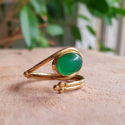 Golden Ethnic style Green Onyx Ring / Brass / Adjustable / Boho / Bohemian / Rustic / Tribal / Gypsy / Festival / Healing / Festival 