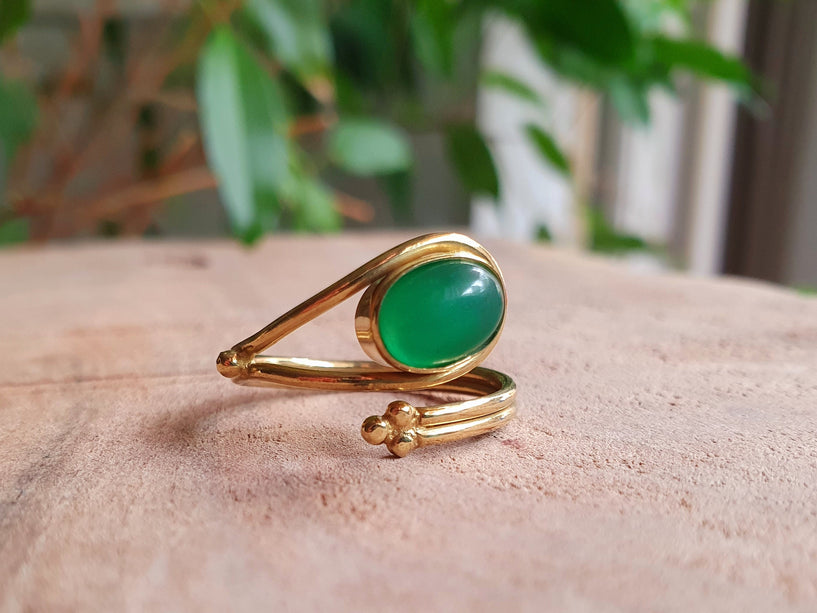 Golden Ethnic style Green Onyx Ring / Brass / Adjustable / Boho / Bohemian / Rustic / Tribal / Gypsy / Festival / Healing / Festival 