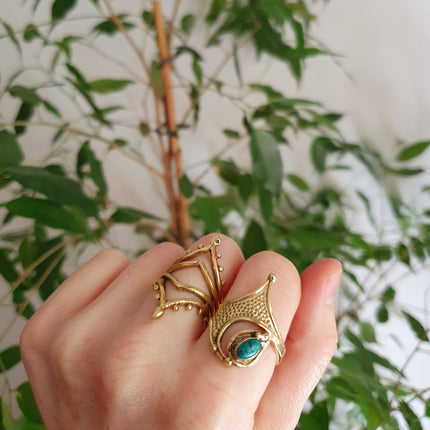 Boho Turquoise Brass Ring / Pretty / Ethnic / Rustic / Festival / Tribal / Blue / Hippie / Gypsy / Psy / Stone / Healing