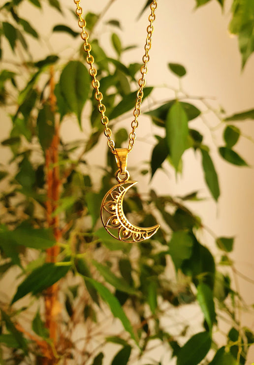 Gold Crescent Moon Necklace / Hypoallergenic / Silver / Boho / Hippie / Rustic / Ethnic / Hypoallergenic / Third Eye / Illuminati