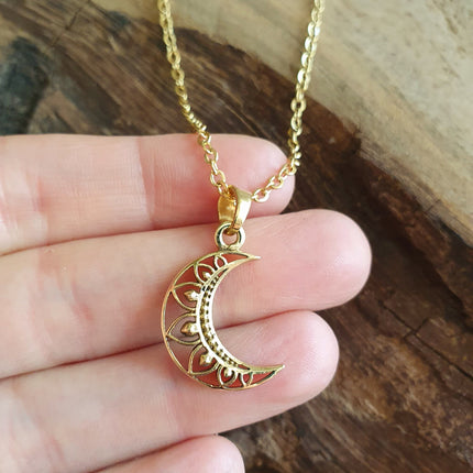 Gold Crescent Moon Necklace / Hypoallergenic / Silver / Boho / Hippie / Rustic / Ethnic / Hypoallergenic / Third Eye / Illuminati