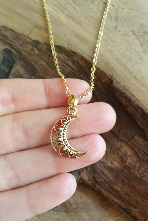 Gold Crescent Moon Necklace / Hypoallergenic / Silver / Boho / Hippie / Rustic / Ethnic / Hypoallergenic / Third Eye / Illuminati