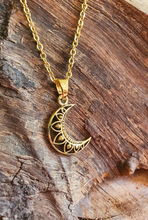 Gold Crescent Moon Necklace / Hypoallergenic / Silver / Boho / Hippie / Rustic / Ethnic / Hypoallergenic / Third Eye / Illuminati