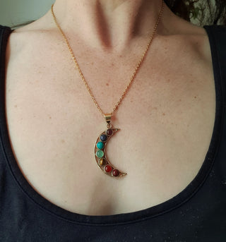 Gold Moon & 7 Chakras Necklace, Stainless Steel Chain