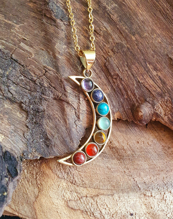 Gold Moon & 7 Chakras Necklace / Hypoallergenic / Yoga / Reiki / Boho / Hippie / Rustic / Ethnic / Crystals / Third Eye / Illuminati