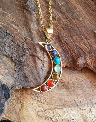 Gold Moon & 7 Chakras Necklace, Stainless Steel Chain